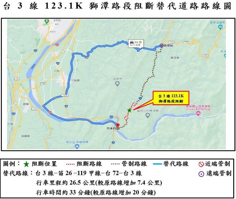 台3線獅潭123K+100路段13日防災演練　     部分車道管制請用路人改道