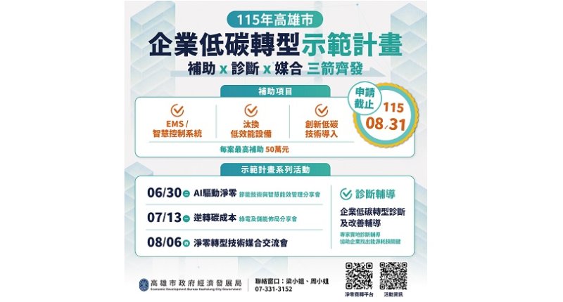 高雄推企業低碳轉型示範計畫 診斷、媒合、補助三箭齊發助攻減碳
