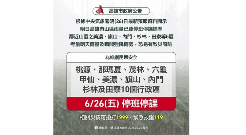 防範強降雨致災風險　高雄宣布10區明停班停課
