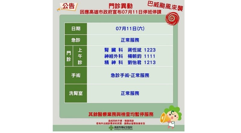 颱風來襲!高雄秀傳紀念醫院部分門診全面停診 醫療服務異動一次看