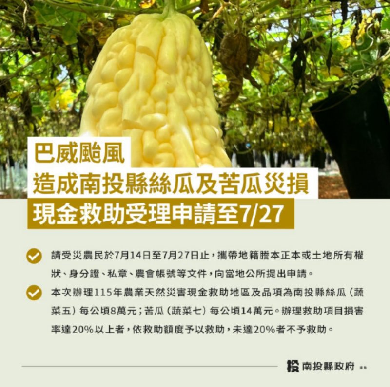 巴威颱風造成南投縣農作物災損 農業部同意辦理現金救助