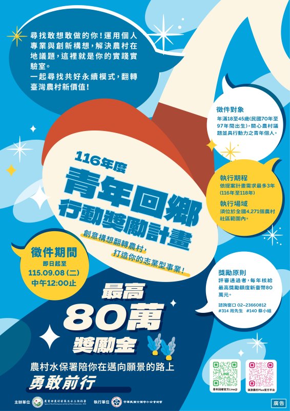 「116年青年回鄉行動獎勵計畫」即日起開放徵件!!心動請馬上行動