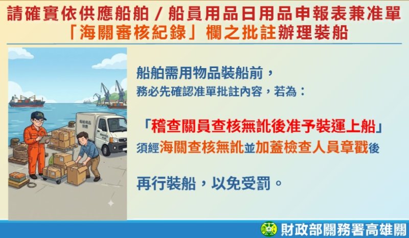 高雄關提醒船舶需用物品裝船前  務必依海關批註內容辦理，以免受罰