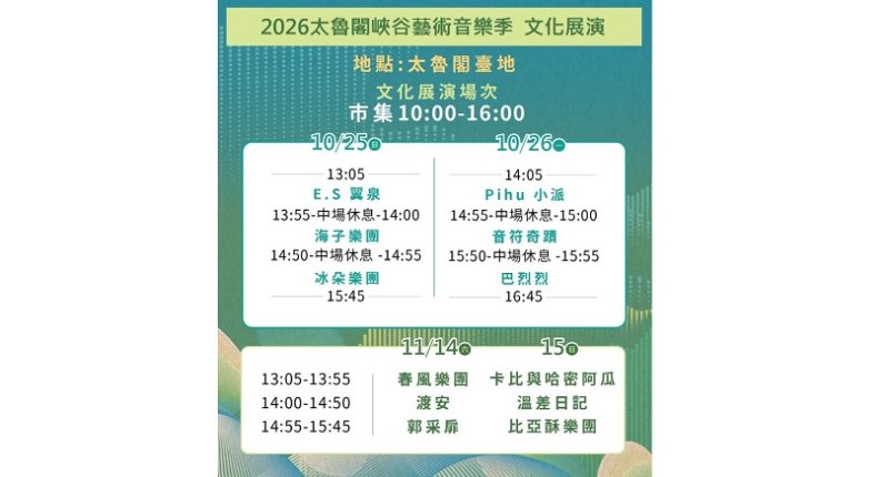 薔琵颱風影響 「2026太魯閣峽谷藝術音樂季」 首場展演延至10/26