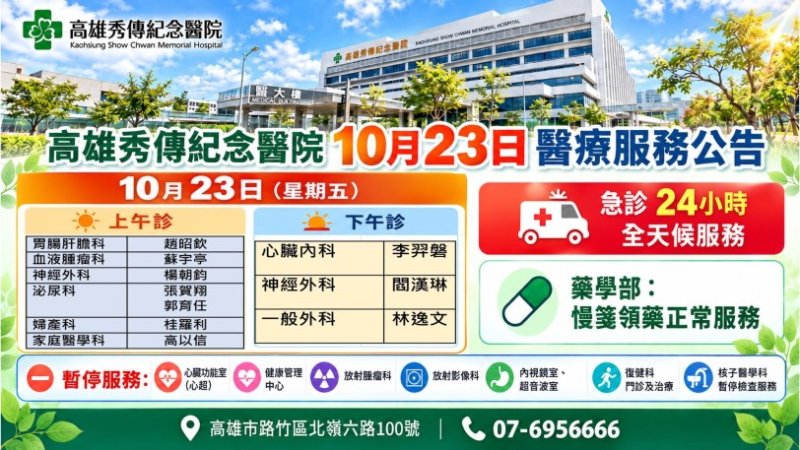 颱風期間醫療服務異動　高雄秀傳紀念醫院公告10/23門診及檢查安排